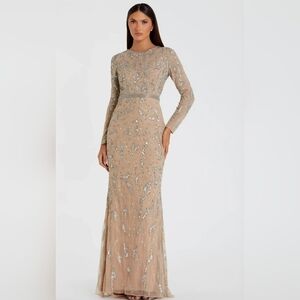 Mac Duggal 5124 Size 12 Mocha Beige Long Sleeve Beaded Gown $598